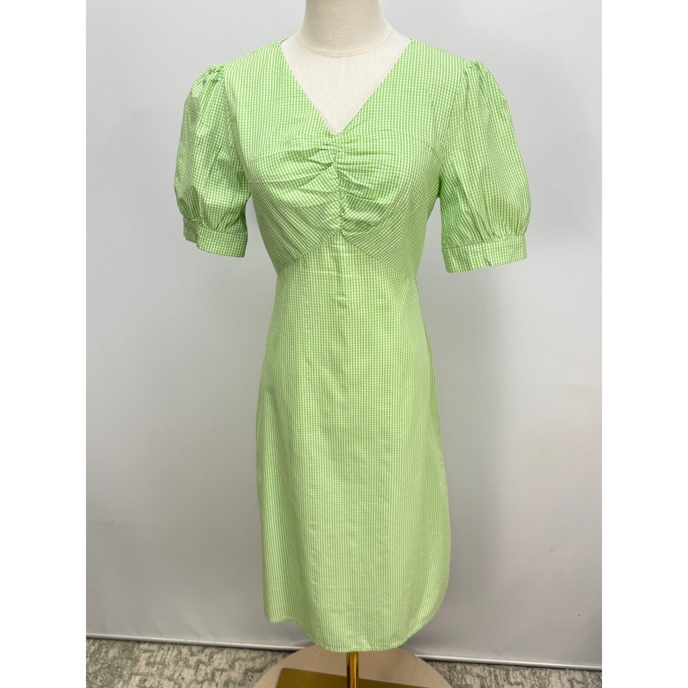 Love+Harmony Lime Green Gingham Ruched V-Neck Puff Sleeve Midi Dress Sz M